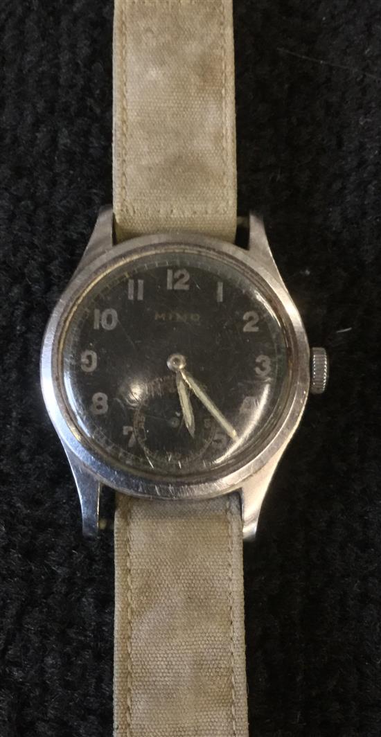 A 1940s stainless steel Swiss made Mimo German military issue wrist watch,